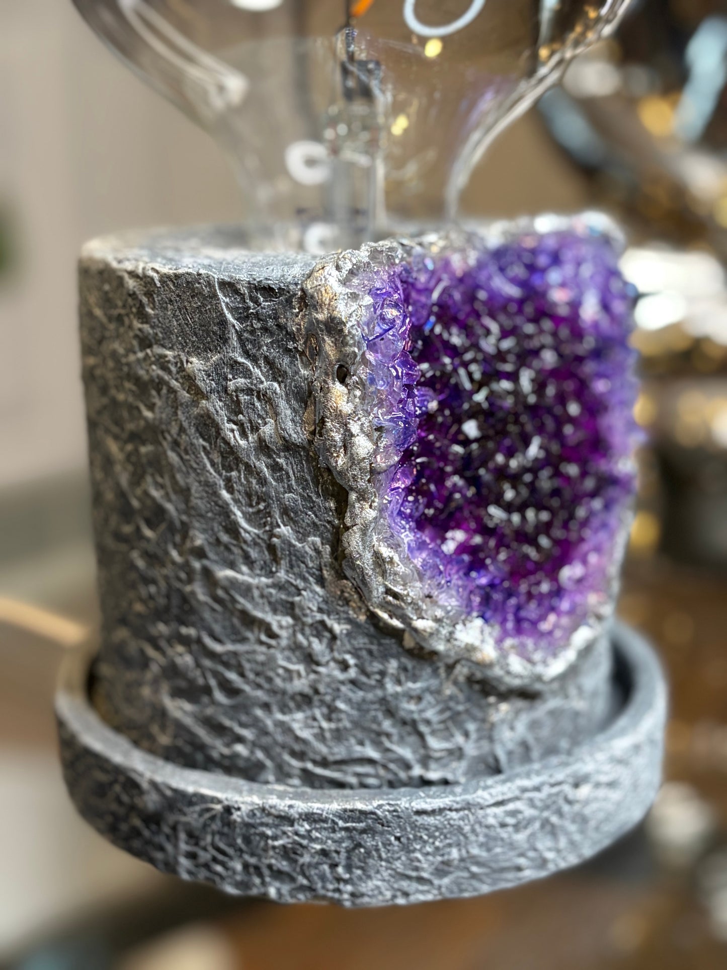 One of a kind - Handmade Cement Faux Geode Lamp with LED Black tinted 15w bulb