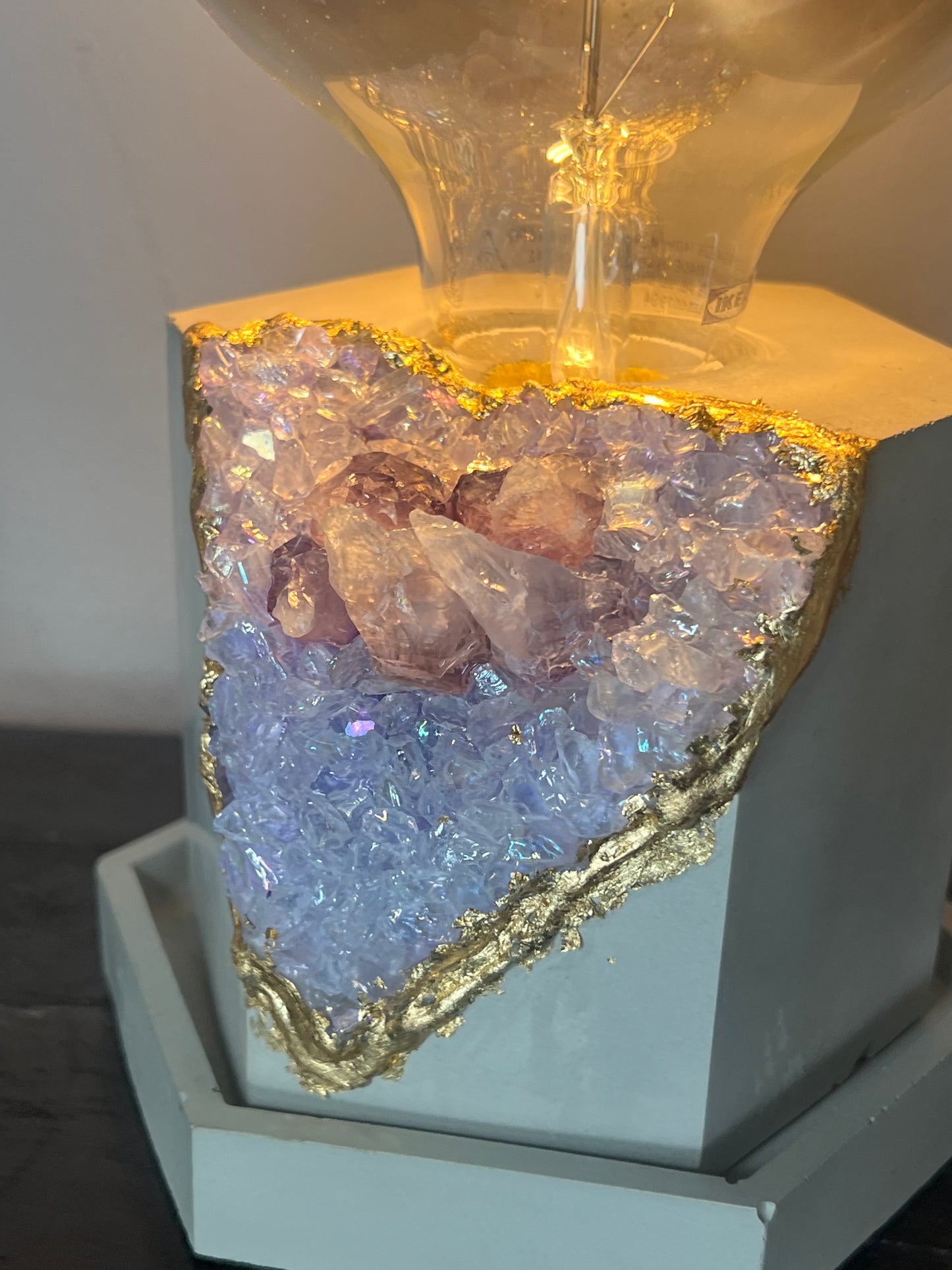 One of a kind - Cement Faux Geode geometric Lamp with LED Black tinted 15w bulb and real amethyst crystals