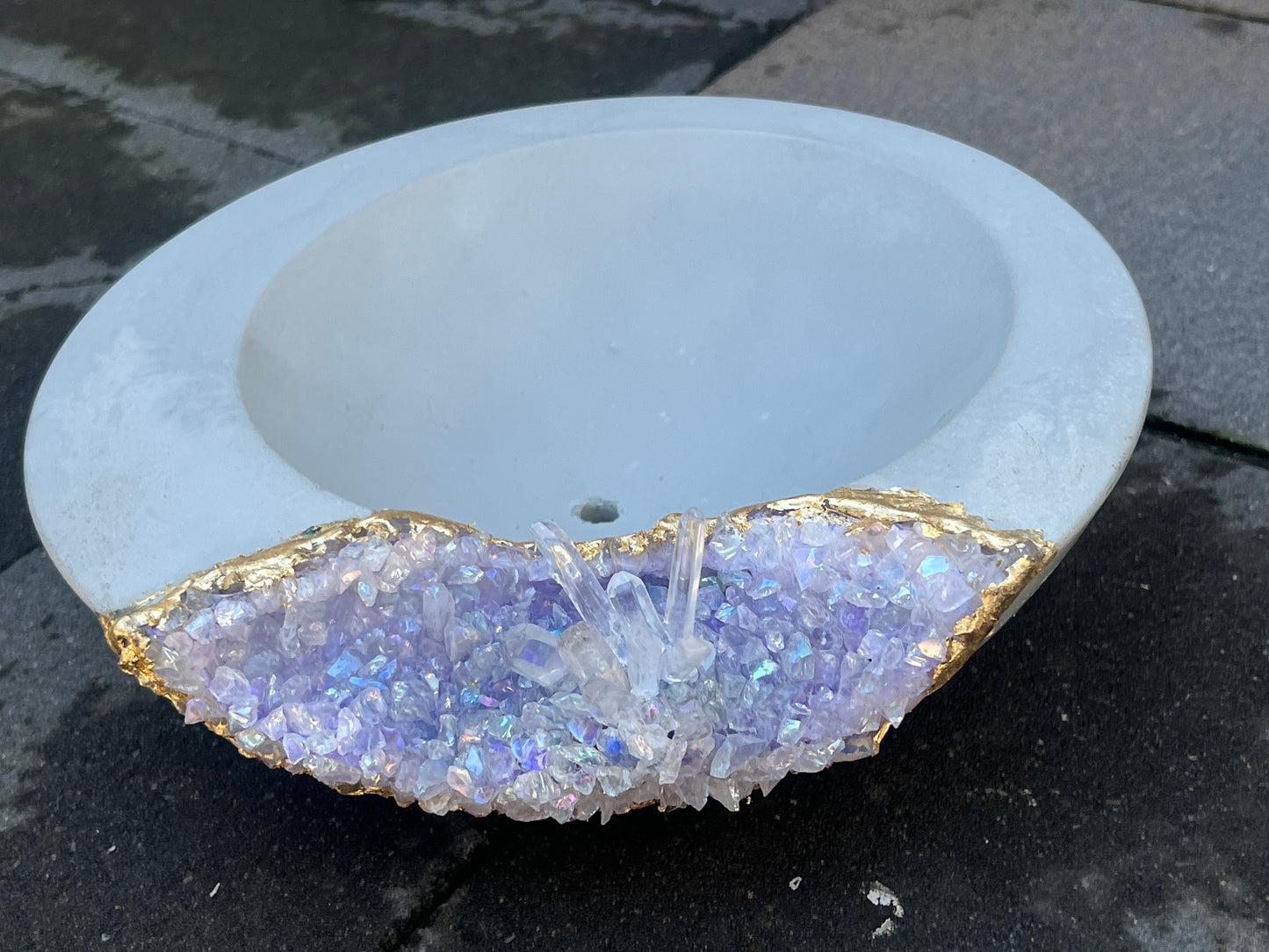 Large shallow geode planter with real quartz crystals