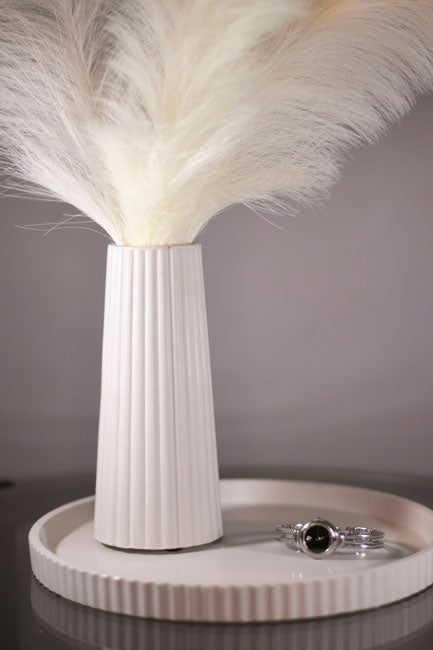 White Striped Cement Vase & Tray set