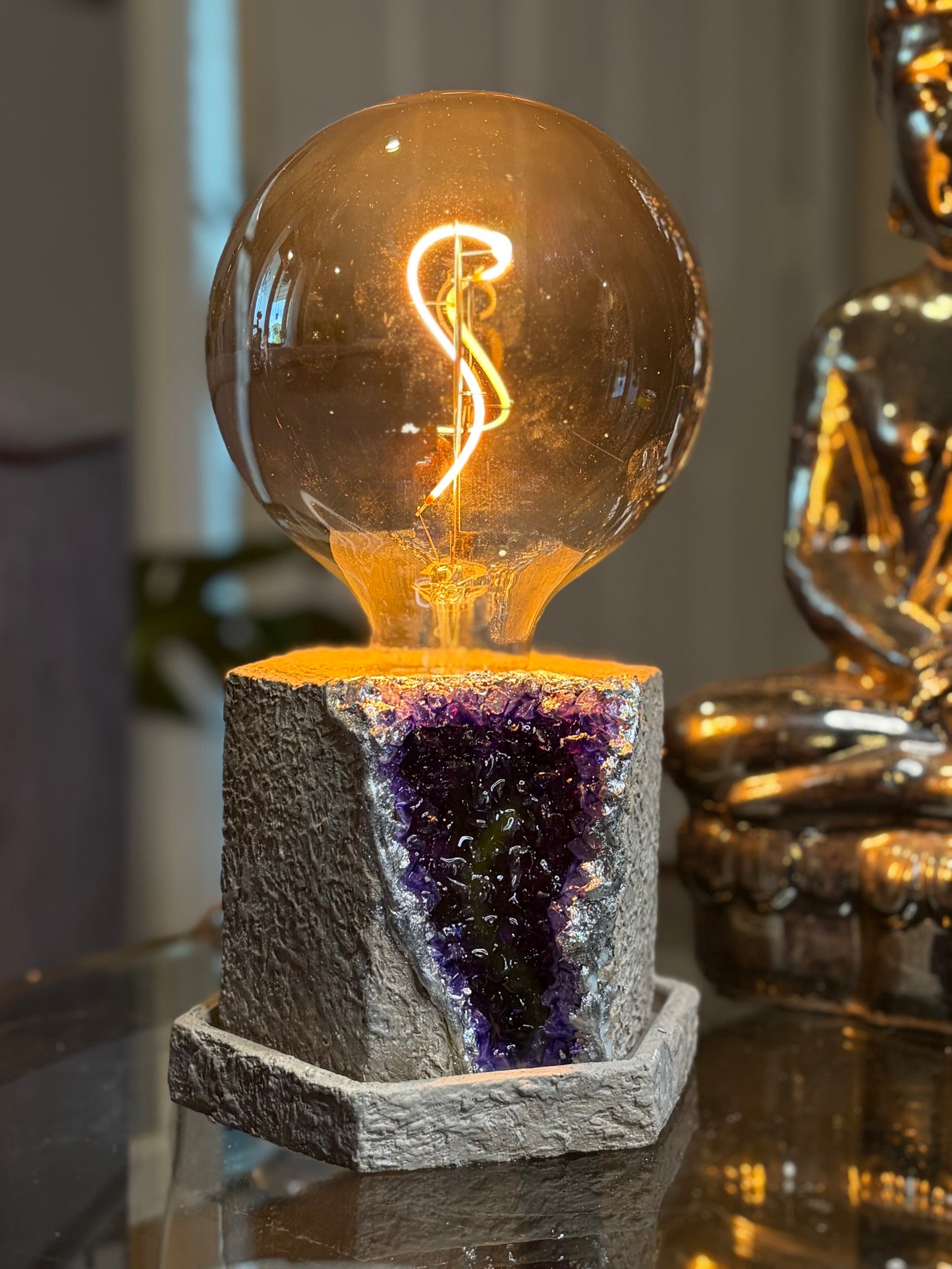 One of a kind - Handmade Cement Faux Geode Lamp with LED Black tinted 15w bulb