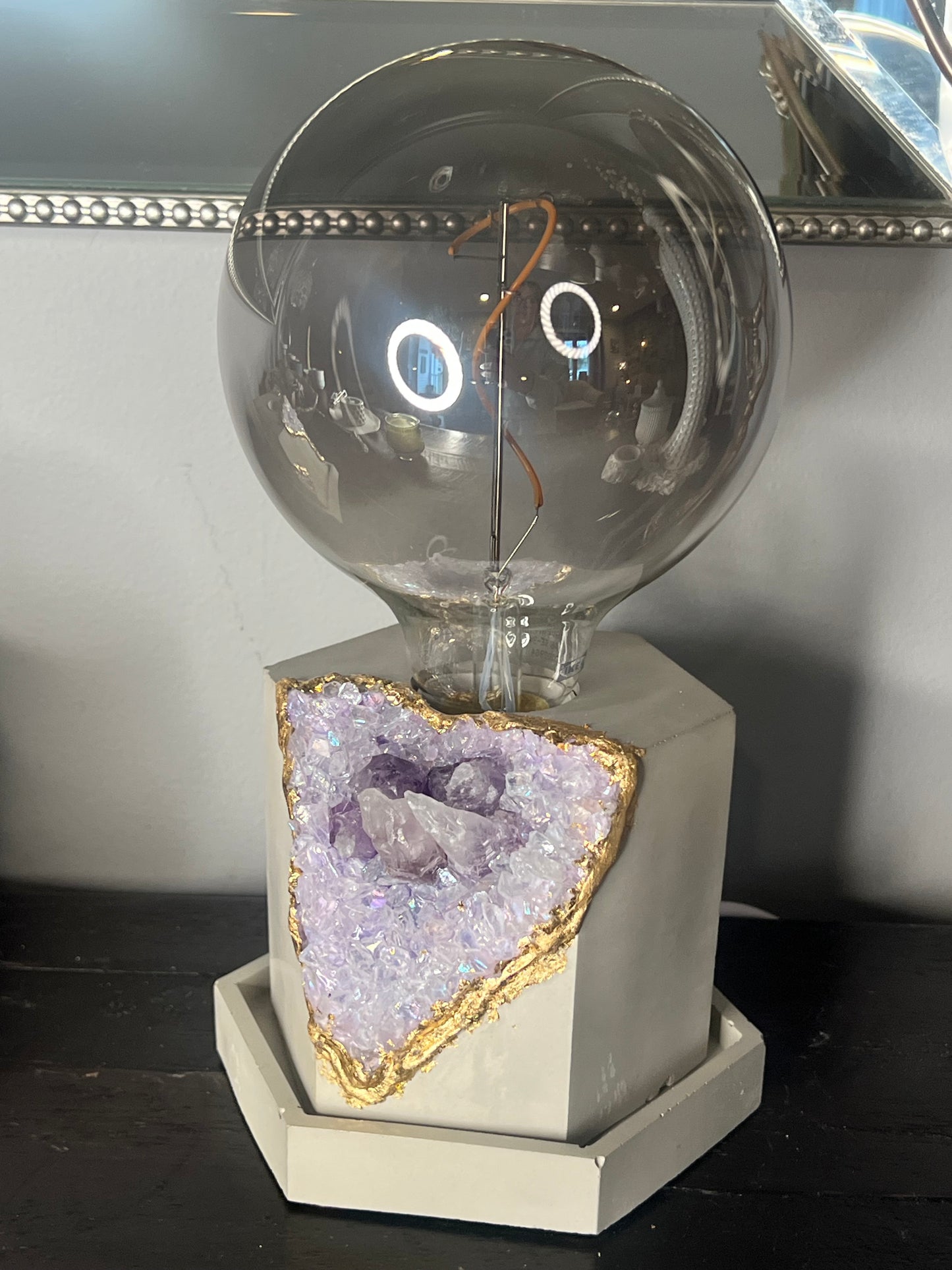 One of a kind - Cement Faux Geode geometric Lamp with LED Black tinted 15w bulb and real amethyst crystals