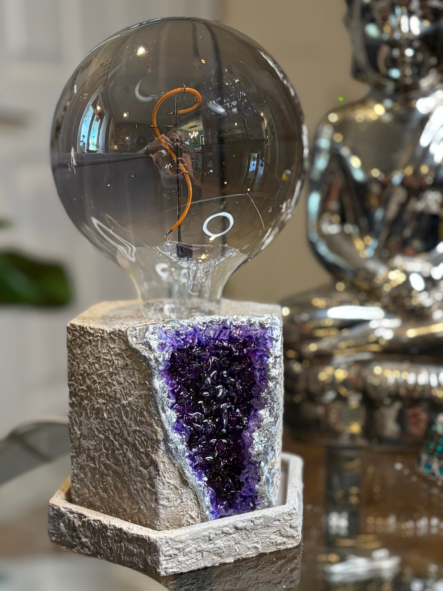One of a kind - Handmade Cement Faux Geode Lamp with LED Black tinted 15w bulb