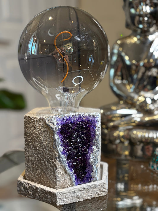 One of a kind - Handmade Cement Faux Geode Lamp with LED Black tinted 15w bulb