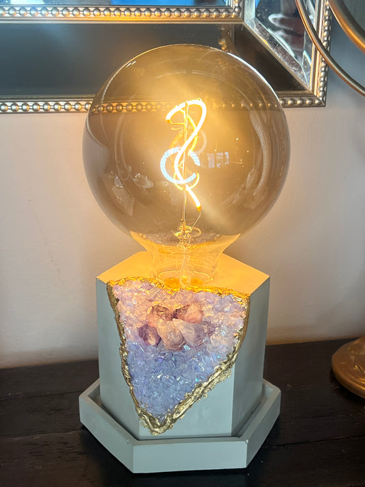 One of a kind - Cement Faux Geode geometric Lamp with LED Black tinted 15w bulb and real amethyst crystals