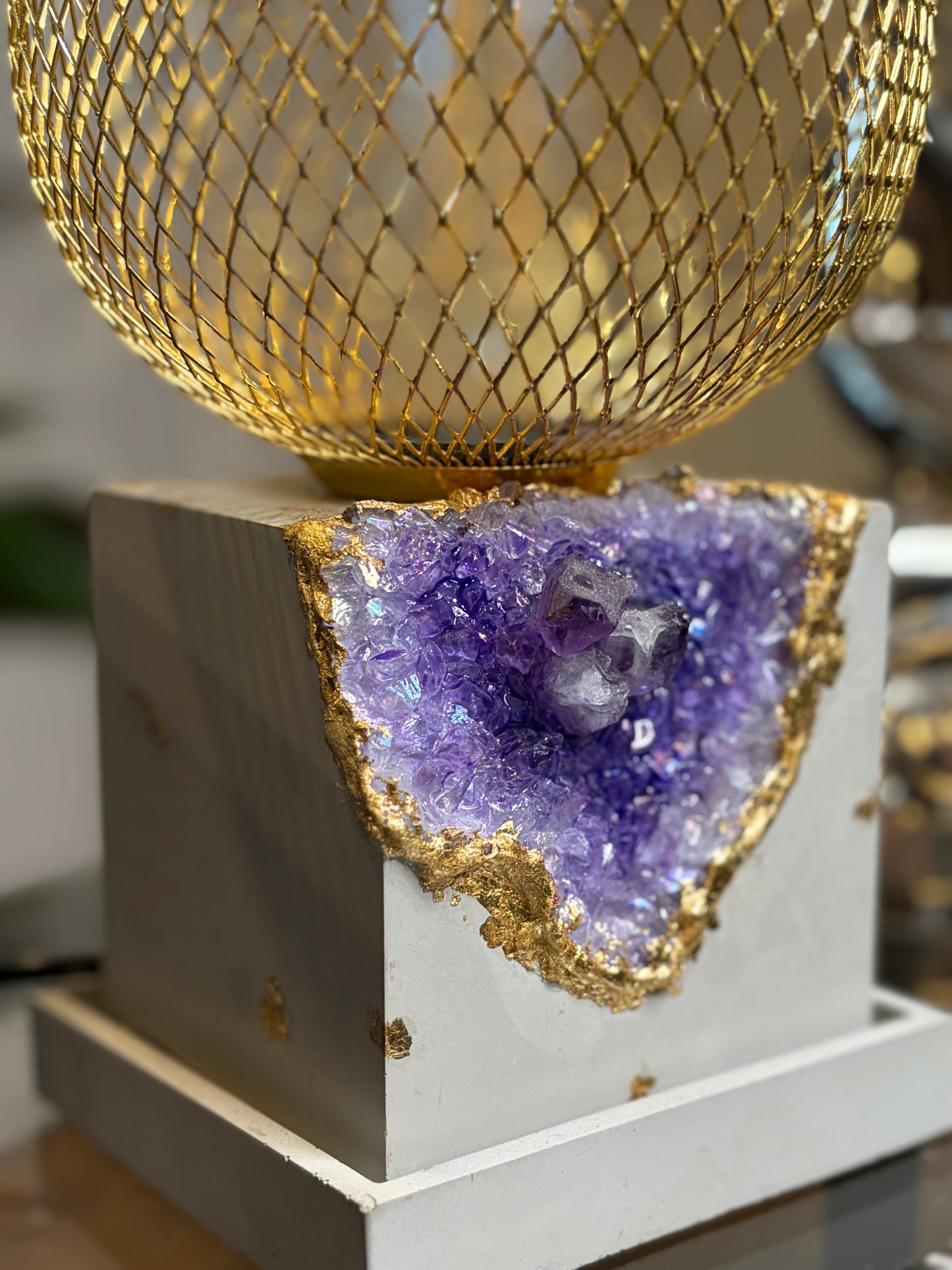 Cement Faux Geode Lamp with Gold Wire mesh shade real amethyst crystals