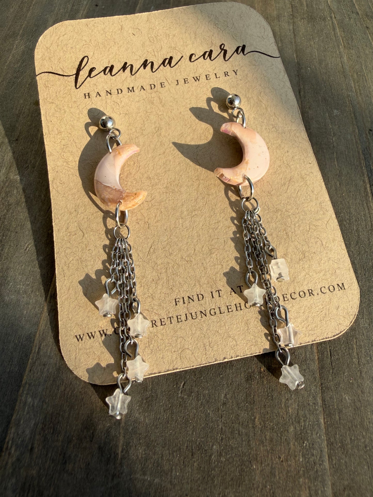 Moon & Stars Polymer clay and Rose quartz Earrings handmade