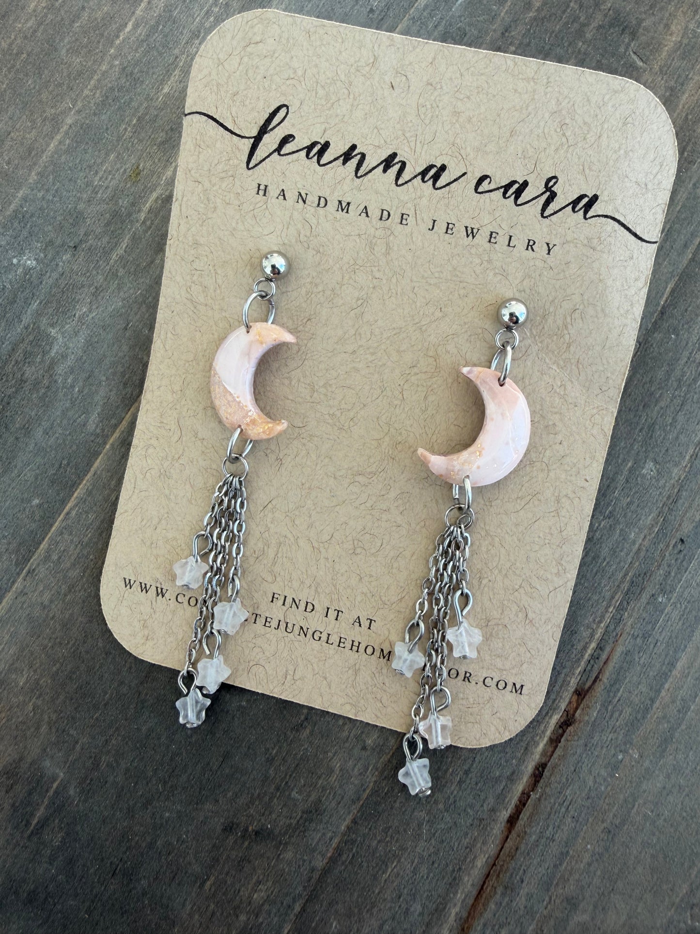 Moon & Stars Polymer clay and Rose quartz Earrings handmade
