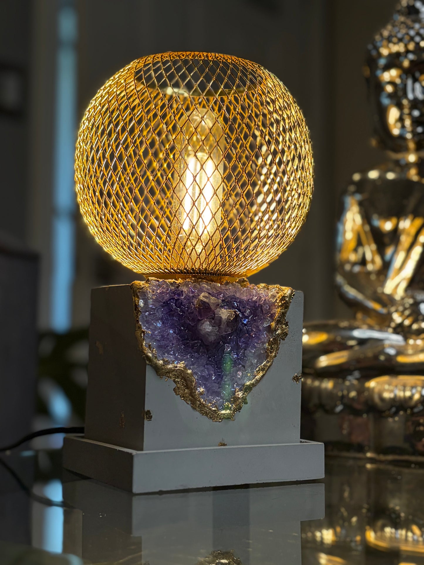 Cement Faux Geode Lamp with Gold Wire mesh shade real amethyst crystals