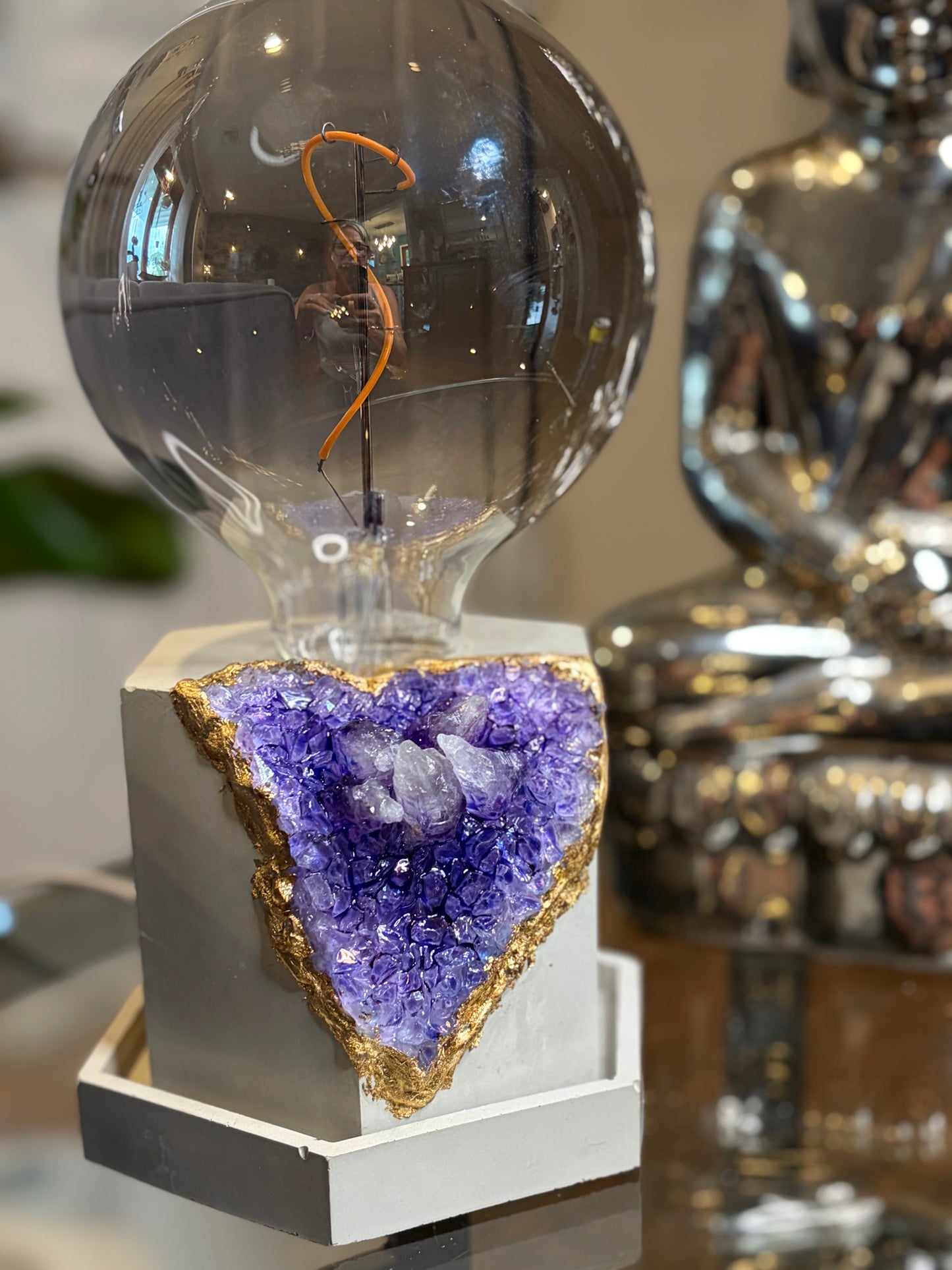 One of a kind - Cement Faux Geode geometric Lamp with LED Black tinted 15w bulb and real amethyst crystals
