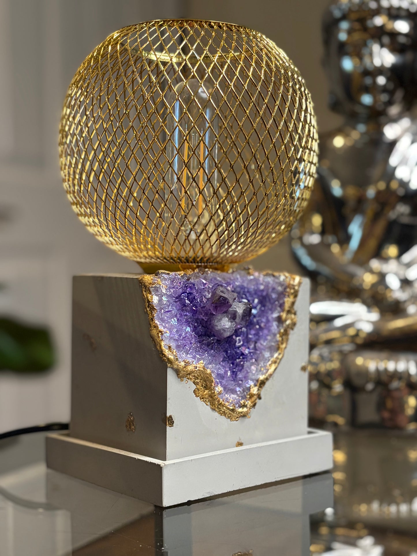 Cement Faux Geode Lamp with Gold Wire mesh shade real amethyst crystals
