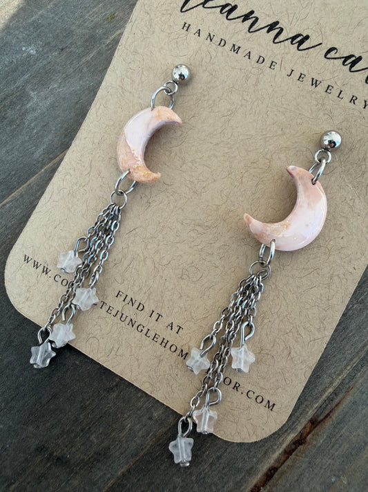Moon & Stars Polymer clay and Rose quartz Earrings handmade