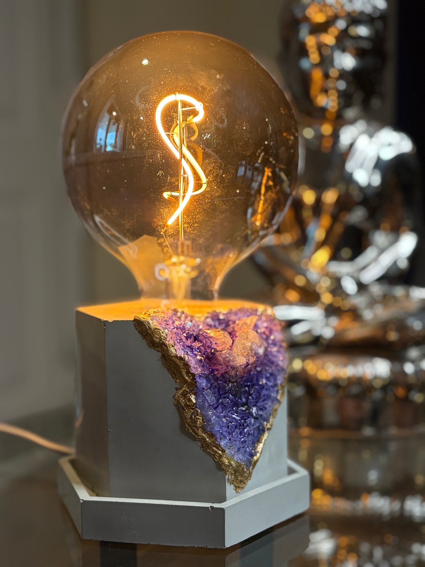 One of a kind - Cement Faux Geode geometric Lamp with LED Black tinted 15w bulb and real amethyst crystals
