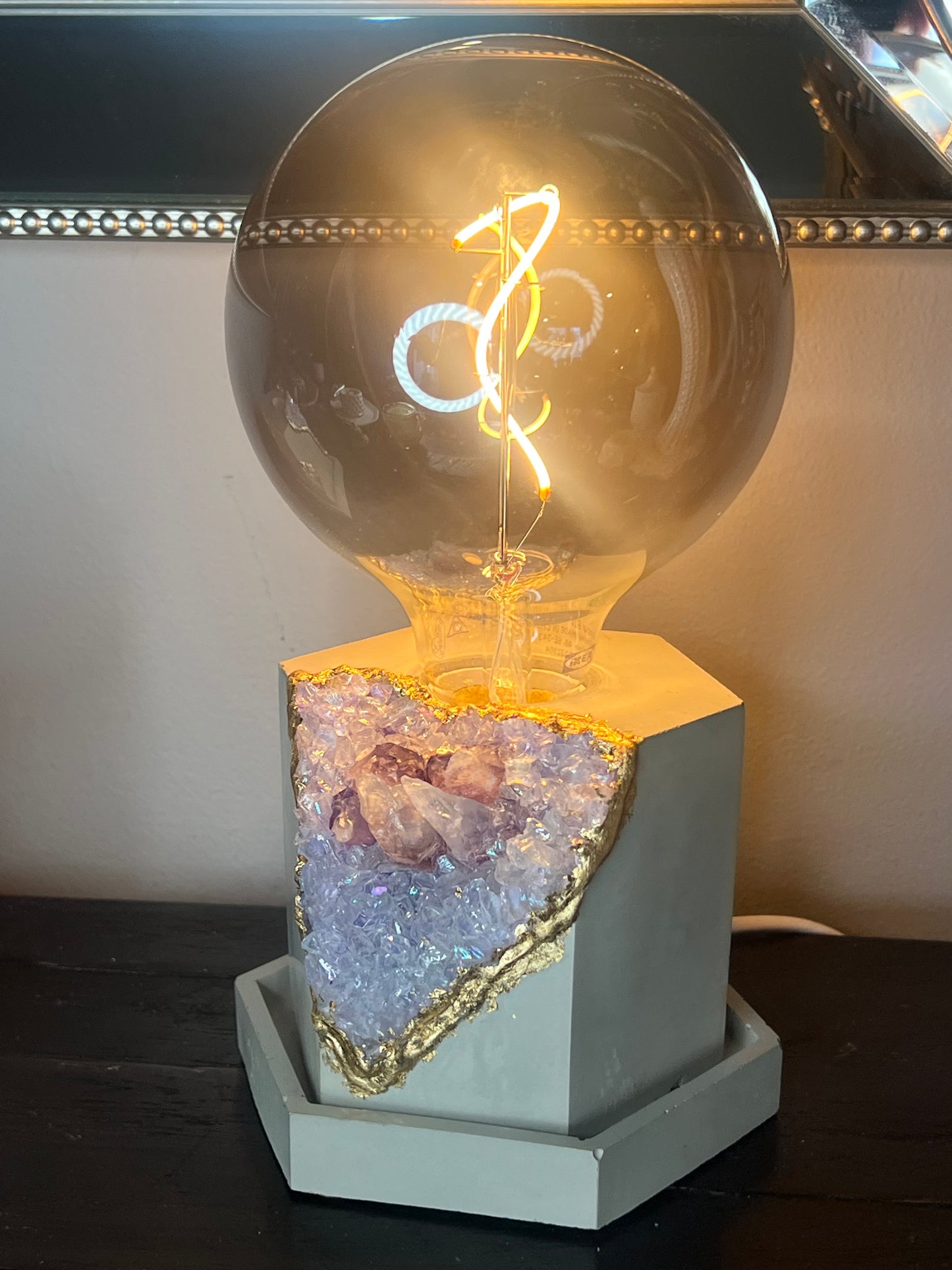 One of a kind - Cement Faux Geode geometric Lamp with LED Black tinted 15w bulb and real amethyst crystals