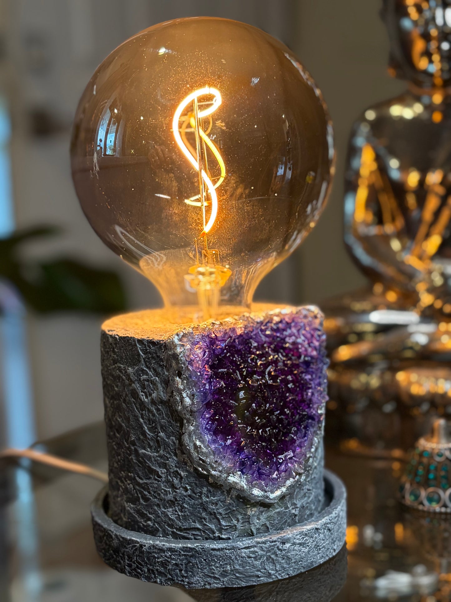 One of a kind - Handmade Cement Faux Geode Lamp with LED Black tinted 15w bulb