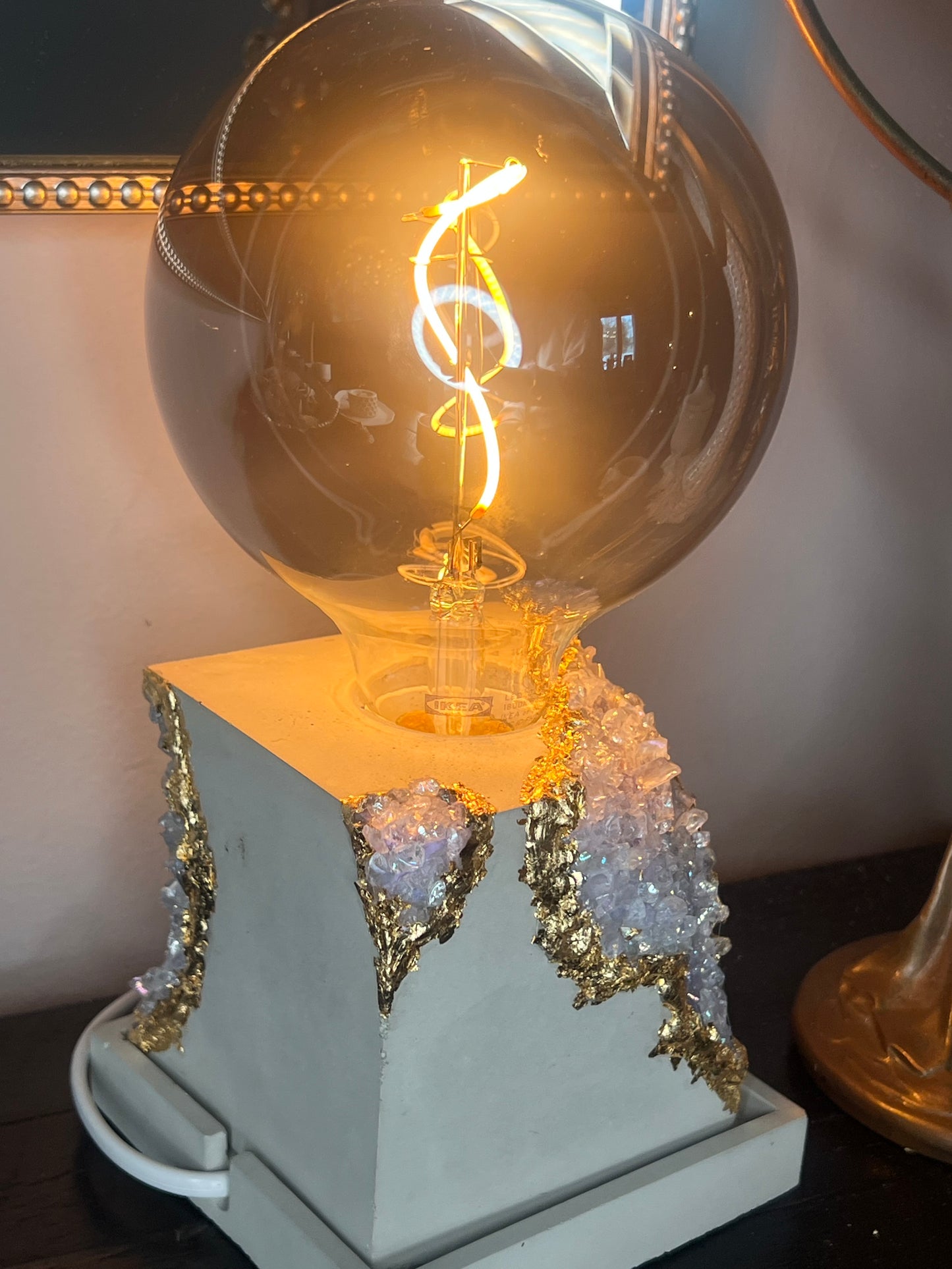 One of a kind - Cement Faux Geode Lamp with LED Black tinted 15w bulb
