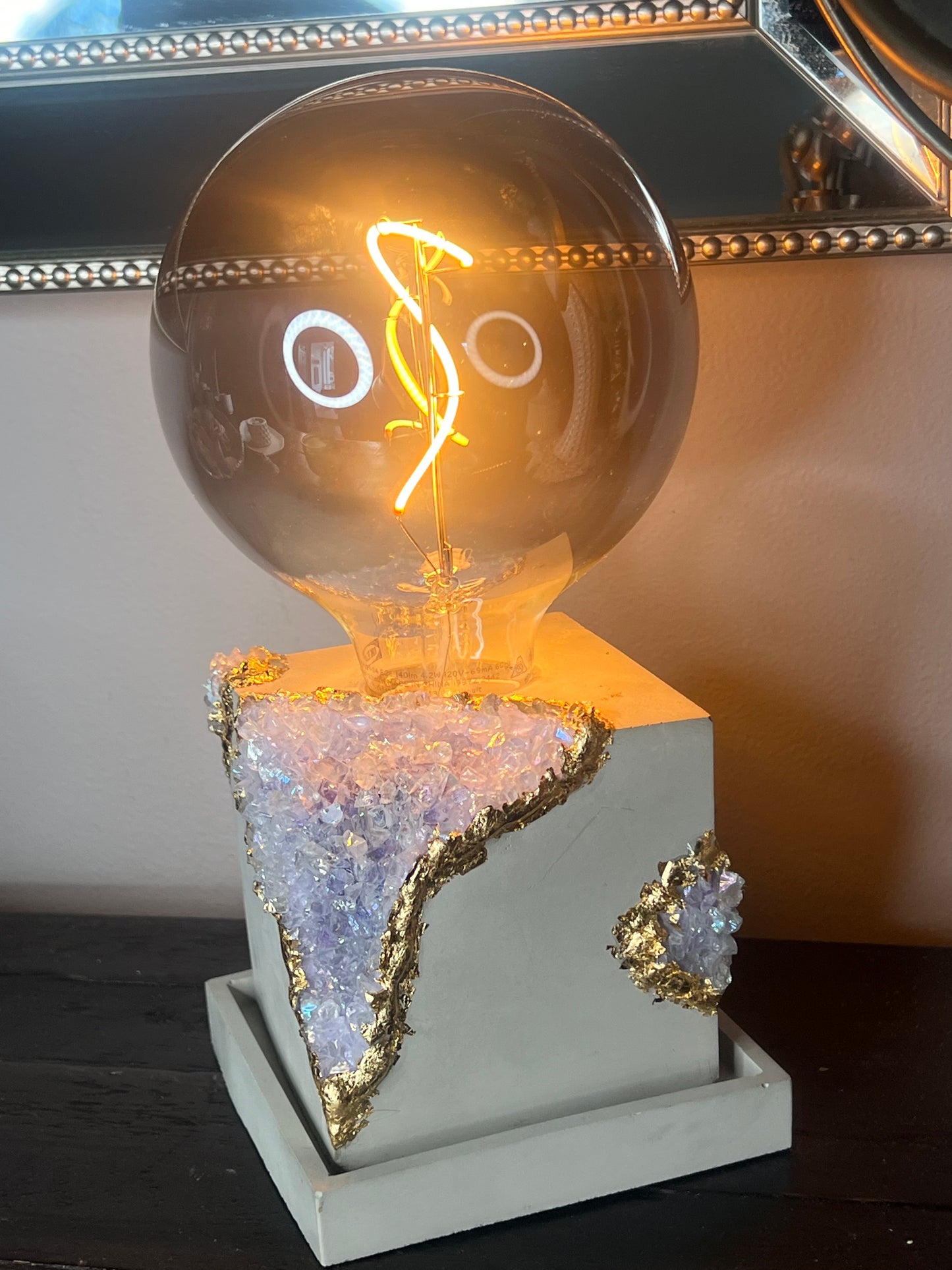 One of a kind - Cement Faux Geode Lamp with LED Black tinted 15w bulb