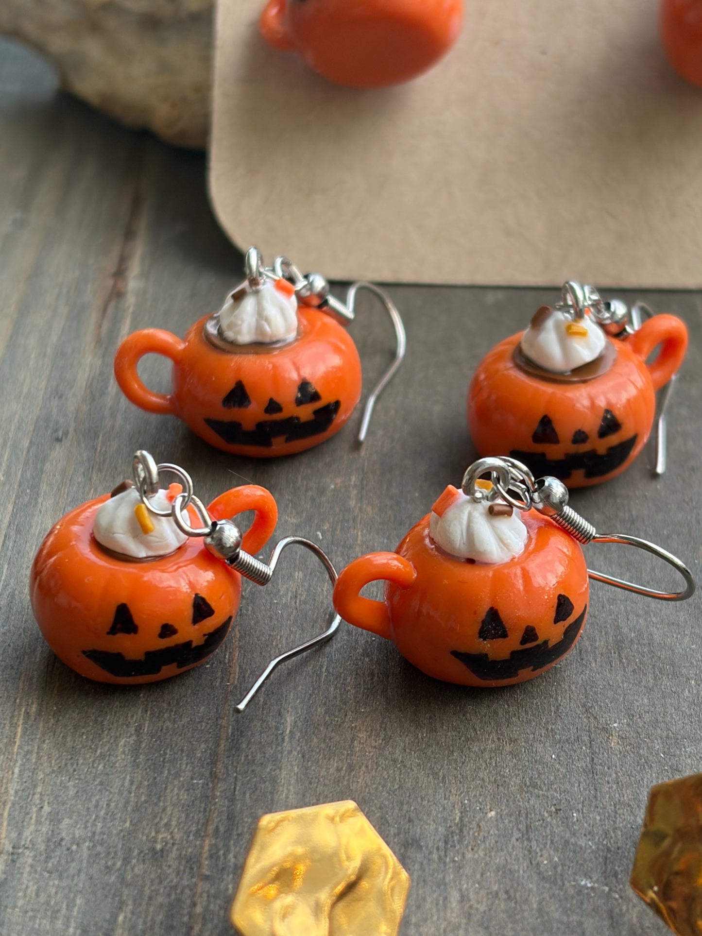 Pumpkin spice latte earrings in a mug