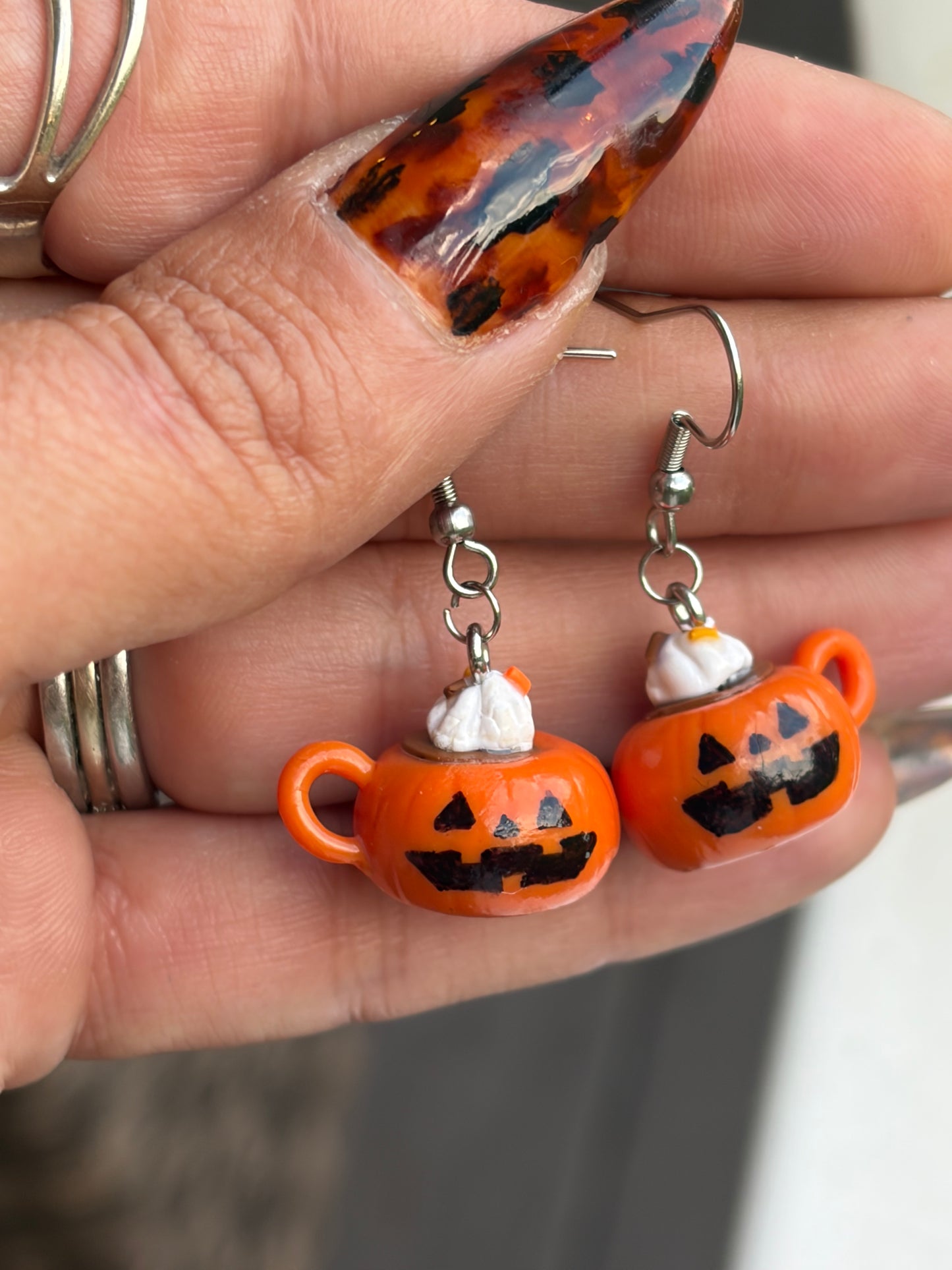 Pumpkin spice latte earrings in a mug