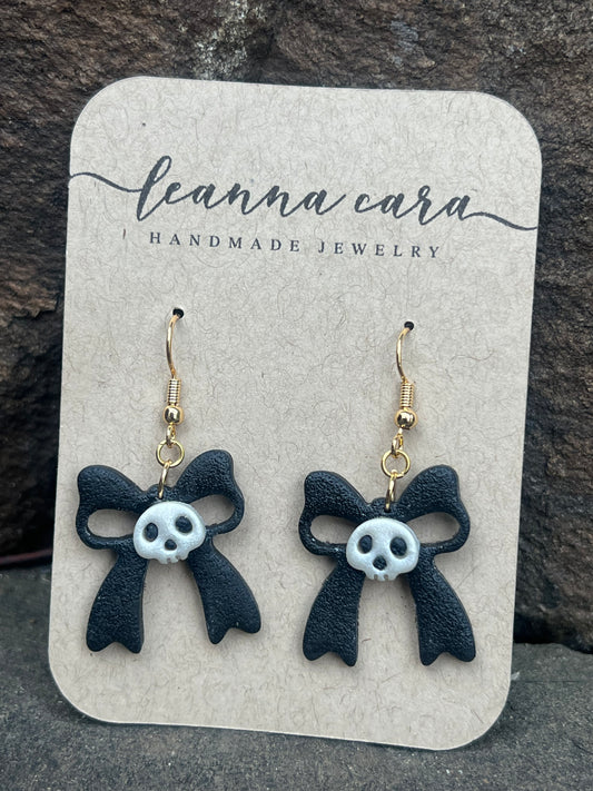 Halloween Handmade Bow w/Skull - Polymer Clay Earrings