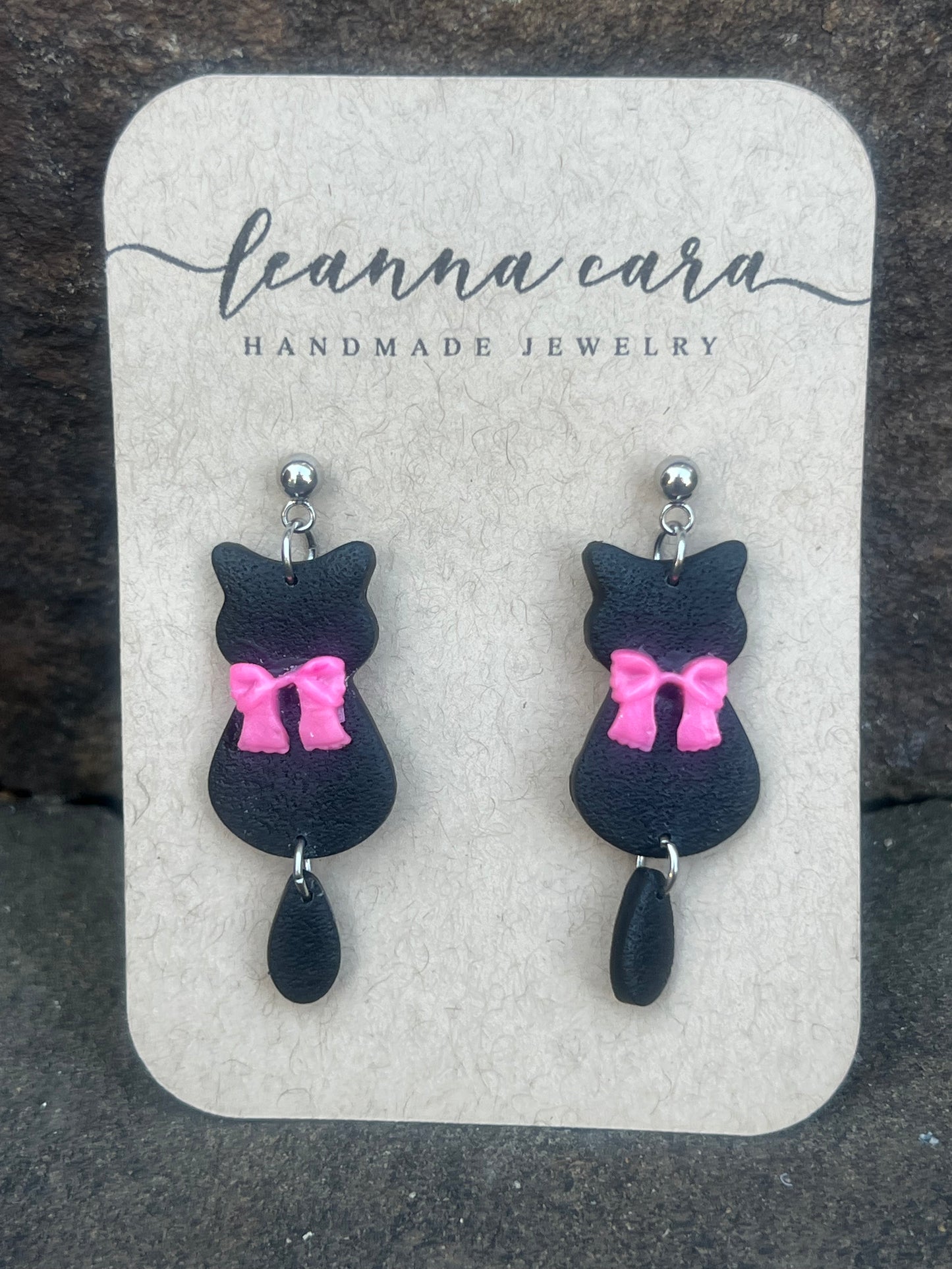 Halloween Handmade Black Cat with Pink Bow- Polymer Clay Earrings