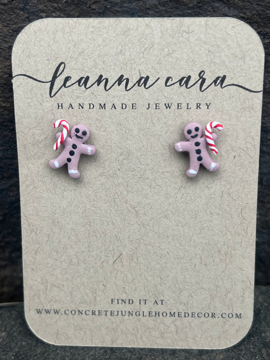 Gingerbread with candy cane- Polymer Clay Earrings Studs